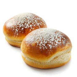 Two delicious homemade sweet bread rolls sprinkled with icing sugar on white background - yliv
