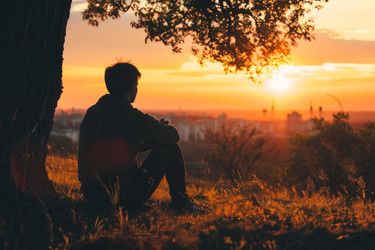 Young man sitting under tree watching sunset over city skyline - yliv