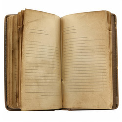 Open antique notebook showing blank lined pages on white background - yliv
