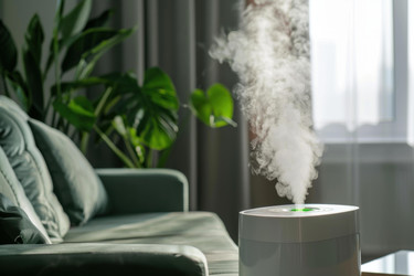 Modern air humidifier generating a cool mist, improving air quality, and creating a comfortable atmosphere in a cozy living room - yliv