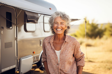 Happy retired woman enjoying freedom and adventure during road trip in her camper trailer - yliv
