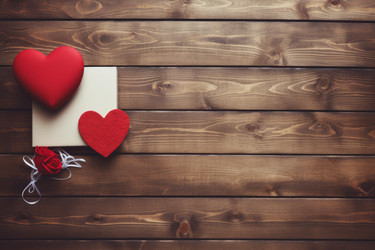 Valentine's day gift, red hearts and roses on rustic wooden background - yliv