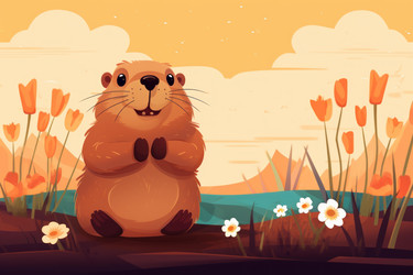 Groundhog sitting and smiling near a river and orange flowers at sunset in a stylized illustration - yliv