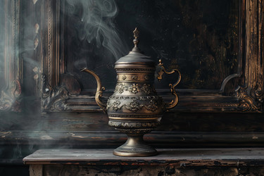 старинный металлический чайник, выпускающий ароматный пар, на фоне винтажной элегантности и неподвластного времени очарования - yliv