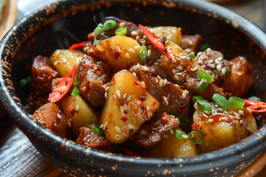 вкусная и сытная гамджа йорим - корейское блюдо с тушеным картофелем и свиной грудинкой, приправленное специями и семенами кунжута - yliv