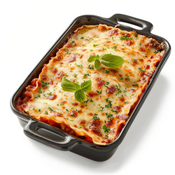 вкуснейшая лазанья болоньезе, запеченная в черной керамической посуде, украшенная свежим базиликом - yliv