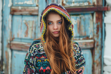Young stylish woman wearing knitted hoodie posing in front of old door - yliv