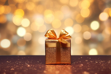 Golden gift box with a ribbon on a glittering surface shining under festive bokeh lights, perfect for celebrating special occasions - yliv