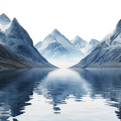 Snowy mountain peaks reflecting in calm water surface - yliv