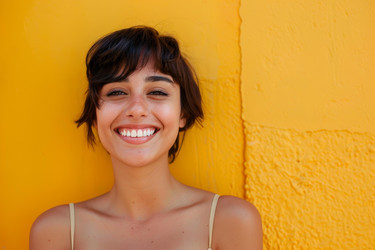 Portrait of a cheerful young woman with short hair smiling against a vibrant yellow wall, expressing joy and optimism - yliv