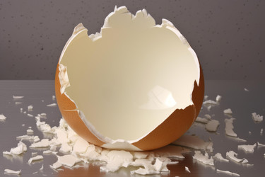 Empty broken eggshell resting on a reflective surface, surrounded by scattered fragments, creating a sense of fragility and completion - yliv