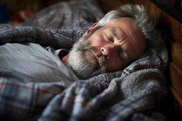 Bearded senior man sleeping peacefully in his bed, covered with a warm blanket - yliv