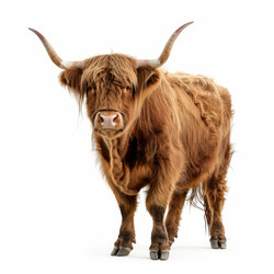 Majestic highland cow with long horns is standing on a white background - yliv