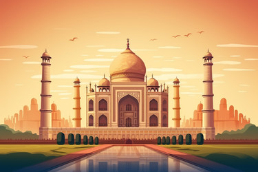 Taj mahal reflecting in water at sunset with birds flying - yliv