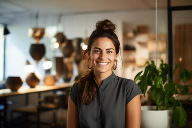 Portrait of a young entrepreneur smiling in her modern design store - yliv