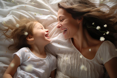 Happy mother and daughter laughing together in bed with white flowers - yliv