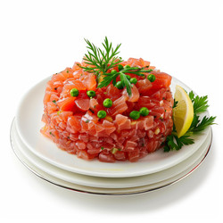 Delicious salmon tartare with peas, dill and lemon garnishing, served on a white plate, perfect for a refined appetizer - yliv