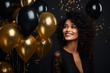 Studio portrait of smiling young woman celebrating with golden and black balloons and falling confetti on black background - yliv