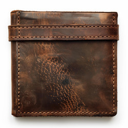 Closed handmade leather wallet with strap on white background - yliv