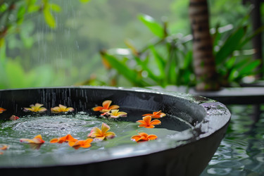 Frangipani flowers floating serenely in a stone basin, being gently showered by tropical rain, creating a tranquil spa atmosphere - yliv