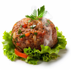 Delicious, steaming hot meatball seasoned with herbs and spices, served on a bed of fresh lettuce and tomato, garnished with parsley - yliv