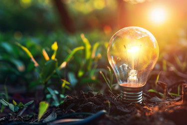 Light bulb is glowing in the soil surrounded by lush greenery, representing the concept of eco friendly energy sources and environmental conservation - yliv