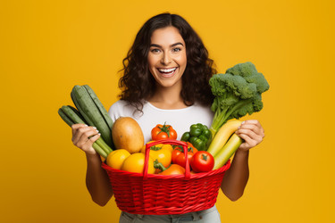 молодая женщина улыбается и держит в руках корзину, полную свежих продуктов, пропагандируя здоровое питание и сбалансированную диету - yliv