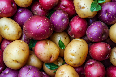 разноцветный картофель с листьями, образующими яркий фон - yliv