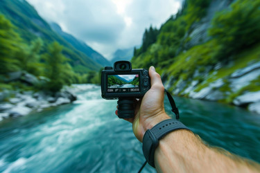фотограф с фотоаппаратом в руках фотографирует красивый пейзаж горной реки - yliv