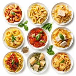 Variety of italian pasta dishes with different sauces and toppings, creating a vibrant culinary collage - yliv