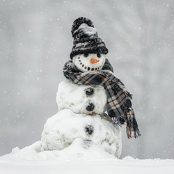 Classic snowman with carrot nose, coal eyes, and plaid scarf braving a winter snowstorm - yliv