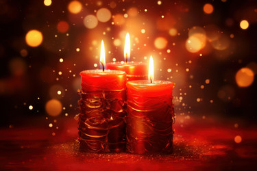 Three red christmas candles burning with warm bokeh lights in the background - yliv