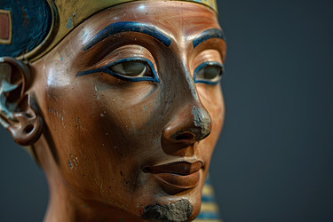 Tutankhamun's funeral mask closeup showing serene expression and golden stripes - yliv