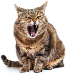 Brown striped tabby cat yawning showing teeth, isolated on white background - yliv