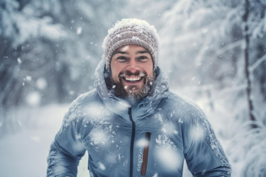 Hiker smiling during snowfall in snowy forest - yliv