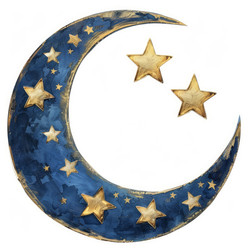 Crescent moon embellished with golden stars on a white background - yliv