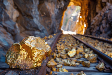 Gold nuggets lying on minecart tracks coming out of a mine tunnel - yliv