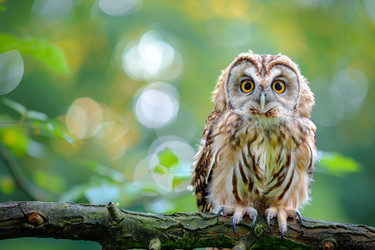 Owl perching on branch in lush forest setting - yliv