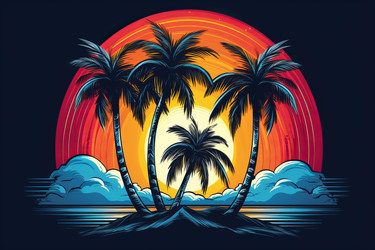 Palm trees growing on island at sunset with colorful sky - yliv