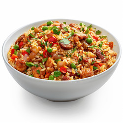приготовленная на пару джамбалайя с рисом, курицей, колбасой и разноцветными овощами подается в белой миске, предлагая яркие и ароматные кулинарные впечатления - yliv