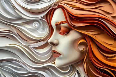 Woman portrait shaping by colorful paper stripes flowing in wavy pattern - yliv