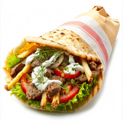 Gyros pita wrap with french fries, tomato, onion, sauce and herbs is lying on white background - yliv
