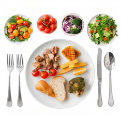 Delicious and healthy meal showcasing grilled meat, assorted vegetables, bread, and cutlery, promoting a balanced diet - yliv
