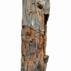 Weathered wooden plank showing signs of decay and wear isolated on white background - yliv
