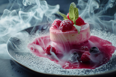 вкусный десерт из малинового торта с эффектом дымка подается на черной тарелке - yliv