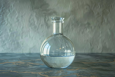 Laboratory glass flask with a narrow neck filled with water and standing on a gray textured table - yliv