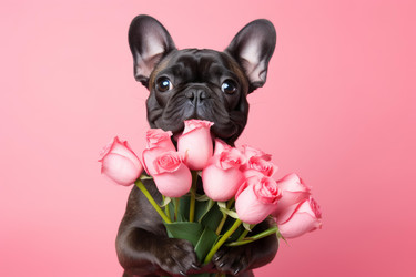 Adorable french bulldog puppy holding bouquet of pink roses on pink background - yliv