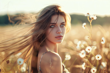 Model with long hair blowing in the wind posing in a field of daisies during golden hour - yliv