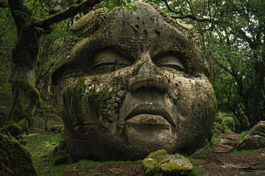 Giant stone face emerging from forest floor - yliv