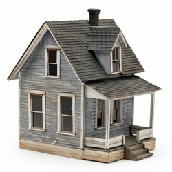 Small scale model representing a weathered gray wooden house featuring a porch, dormer window, and chimney - yliv